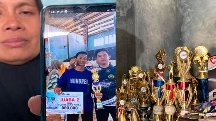 KEMATIAN ATLET- Tari, ibunda atlet bulu tangkis Indramayu, Ainun Al Munawar menunjukkan potret putrannya dan sederet pialanya. Muncul dugaan kematian atlet bulu tangkis Indramayu, Ainun Al Munawar ternyata bukan karena kecelakaan biasa, diduga karena dicelakai sekelompok anak