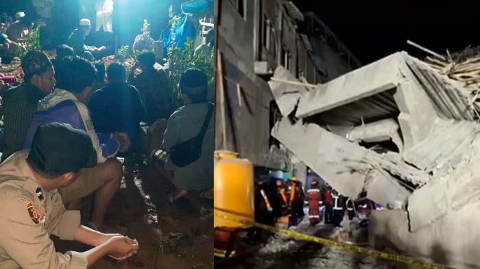 KORBAN - Foto kiri: Jenazah, Maulana Alvan Ibrahimavic, korban tewas ambruknya musala Ponpes Al Khoziny, Sidoarjo, dimakamkan di Blega, Bangkalan.Foto kanan: kondisi musala yang ambruk.