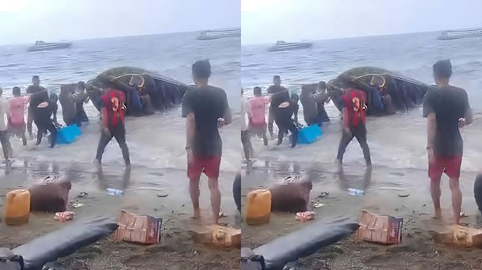 INSIDEN: Tampak sejumlah orang berupaya mengevakuasi bangakai speedboat yang terbalik di pantai Desa Kawasi, Kecamatan Obi, Halmahera Selatan, Maluku Utara, Kamis (30/10/2025)