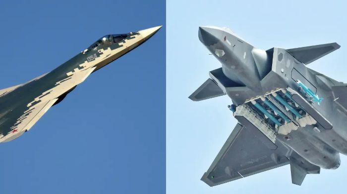 jet Su-57 Rusia (kiri) dan Jet J-20 Tiongkok