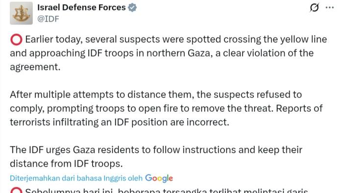 IDF KLAIM-Belum sampai 24 jam gencatan senjata antara Israel dan Palestina disepakati, pasukan militer Israel IDF mengaku sudah menembaki warga.