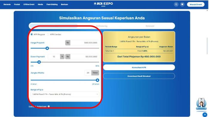 Menu 'Simulasi KPR'di website expo.bca.co.id.