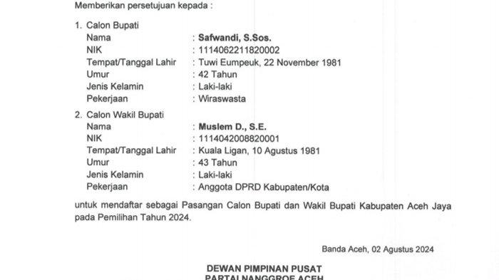 PNA Berikan Dukungan kepada Pasangan Safwandi - Muslem sebagai Balon Bupati/Wakil Bupati Aceh Jaya