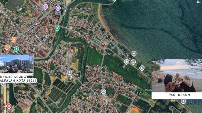 PETA KOTA SIGLI - Rekaman layar Google Maps memperlihatkan kota Sigli, Kabupaten Pidie. Objek wisata pesisir Pasi Sukon hanya berjarak sekira 3 kilometer dari Masjid Agung Al-Falah Kota Sigli, Kabupaten Pidie. (google.com/maps)