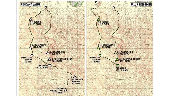 Peta rute perbandingan jalur yang direncanakan (kiri) dengan jalur ekspedisi yang dijelajahi tim Aceh Tracker.