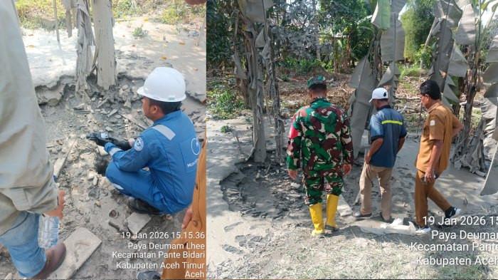 Tim ahli dari PT. Medco sedang melakukan deteksi dan memeriksa kadar gas, dari sumur bor yang memuntahkan lumpur di Gampong Paya Demam Lhee, Kecamatan Pante Bidari, Aceh Timur, Selasa (20/1/2026).