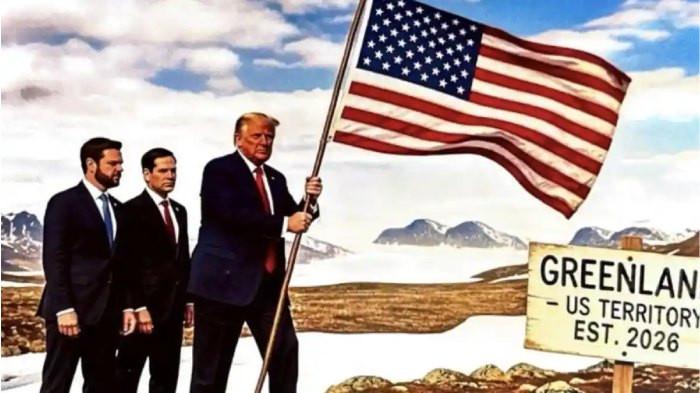 PRESIDEN DONALD TRUMP - Donald Trump mengunggah gambar AI dirinya menancapkan bendera AS di Greenland, disertai papan “Wilayah AS 2026”, ancaman caplok wilayah kian nyata, ketegangan geopolitik Arktik makin memanas.
