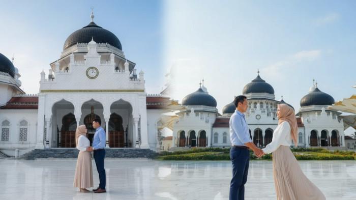 Prompt Gemini AI Prewedding di Masjid Raya Baiturrahman Aceh,Modal Prompt Bisa Edit Foto Dimana Saja