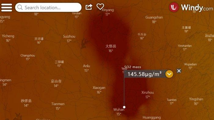 Foto satelit nampak konsentrasi SO2 di Kota Wuhan pada 12 Februari 2020. 