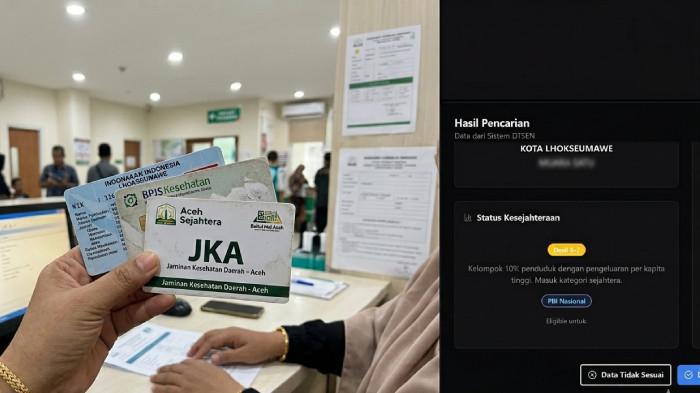 PROGRAM JKA - Ilustrasi program Jaminan Kesehatan Aceh (JKA) hasil Generated AI (kiri) dan tangkapan layar pengecekan data warga melalui laman https://datawarga.acehprov.go.id/ (kanan).