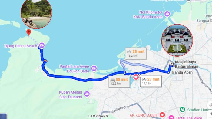 PINK BEACH ACEH - Jarak dan rute menuju lokasi Pink Beach Lhok Mata Ie, Aceh Besar dari Masjid Raya Baiturrahman, di pusat Kota Banda Aceh. (GOOGLE MAPS)
