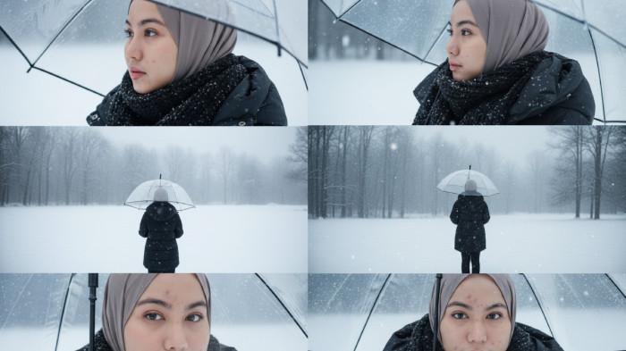 prompt gemini AI Kolase Sinematik di Lanskap Salju