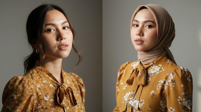 prompt gemini Potret Wanita dalam Gaun Bunga Kuning Mustard