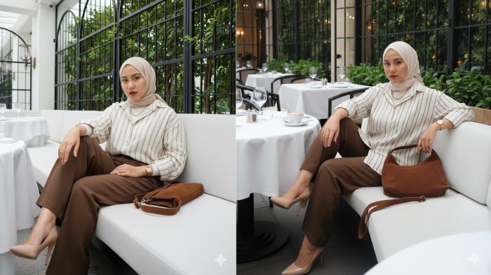 PROMPT GEMINI AI - Contoh foto hasil editan Gemini AI dari foto selfie menggunakan prompt Editorial Chic & Minimalis, Selasa (14/10/2025).