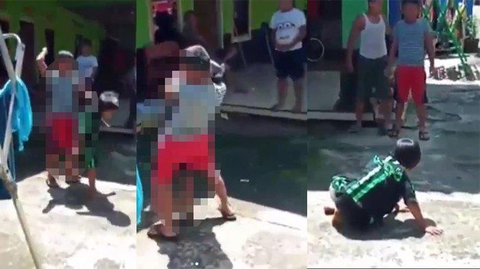 Tangkapan layar video perkelahian dua bocah laki-laki yang direkam oleh sosok ayah kandung salah satu bocah tersebut, @viralterkini99, Selasa (12/5/2020). 