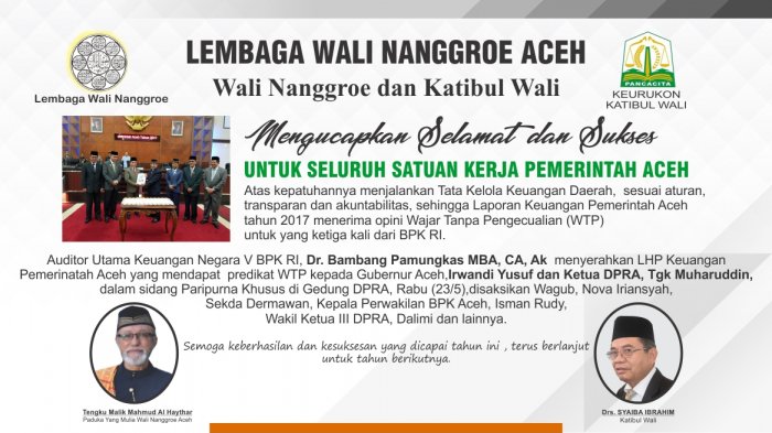 Ucapan Selamat dari Wali Nanggroe dan Katibul Wali untuk Pemerintah Aceh