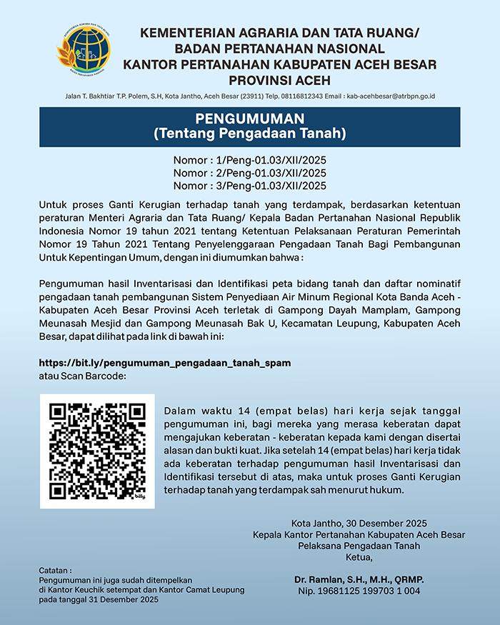 BPN Aceh Besar Umumkan Pengadaan Tanah untuk Pembangunan SPAM