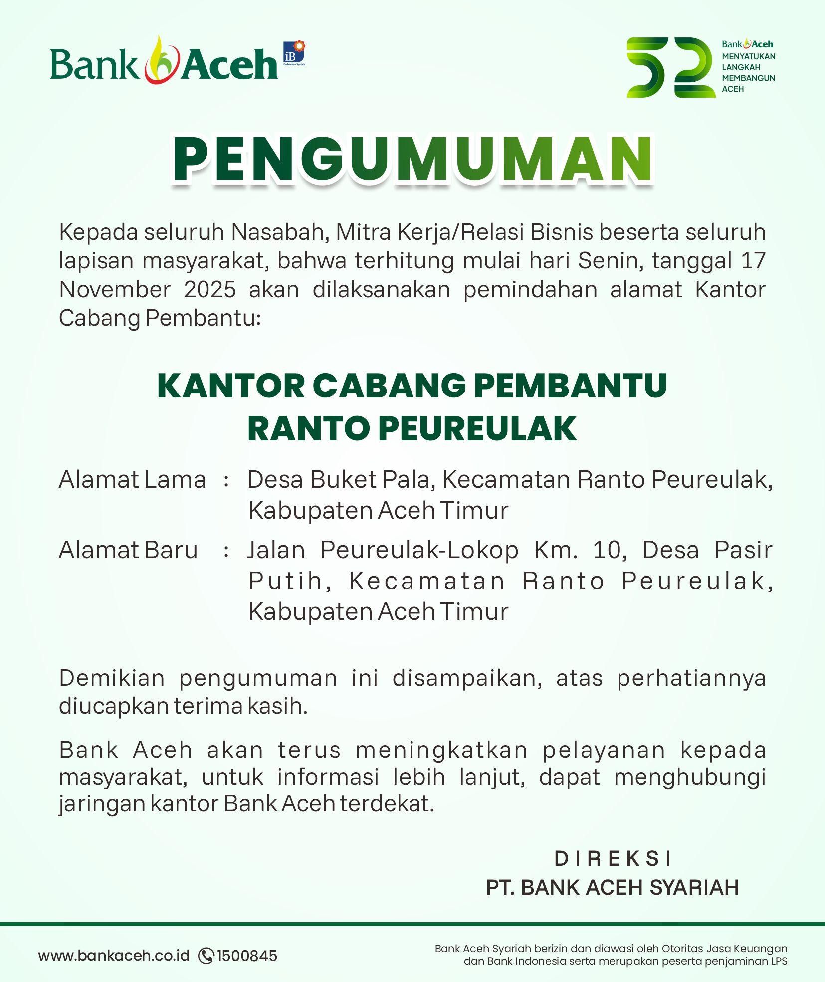 Bank Aceh Relokasi Kantor Cabang Pembantu Ranto Peureulak, Ini Alamat Barunya