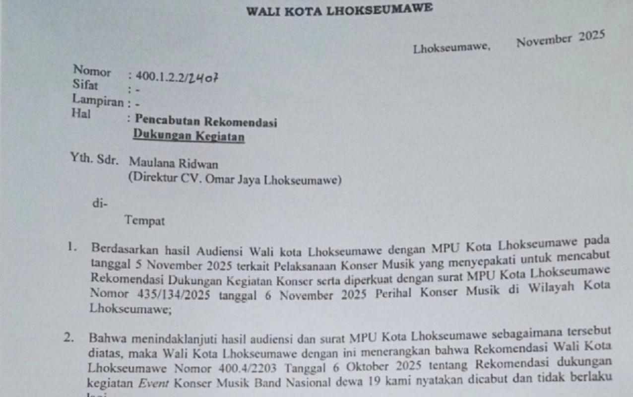 Hasil Audiensi Wali Kota dengan MPU, Pemko Lhokseumawe Cabut Rekomendasi Konser Dewa 19