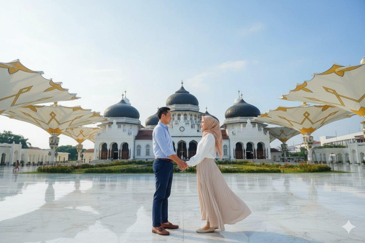 Foto hasil olahan Gemini AI foto prawedding di Masjid Raya Baiturrahman – Banda Aceh