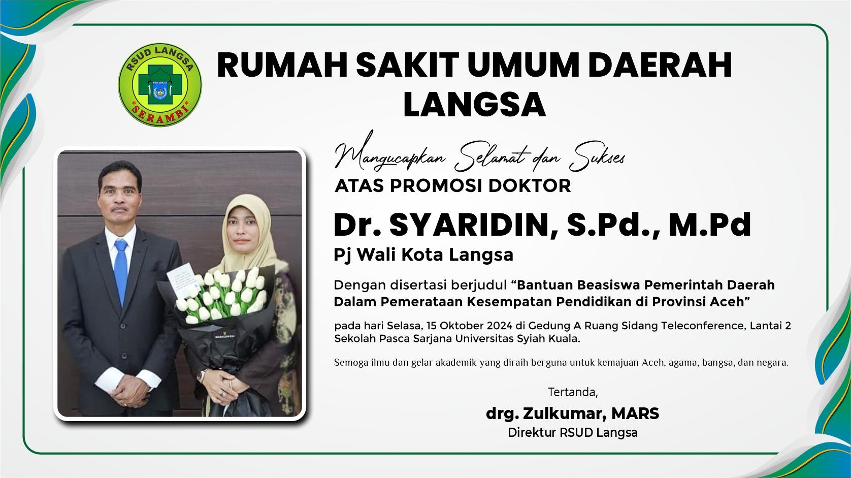 RSUD Langsa Ucapkan Selamat Atas Promosi Doktor Pj Wali Kota Langsa