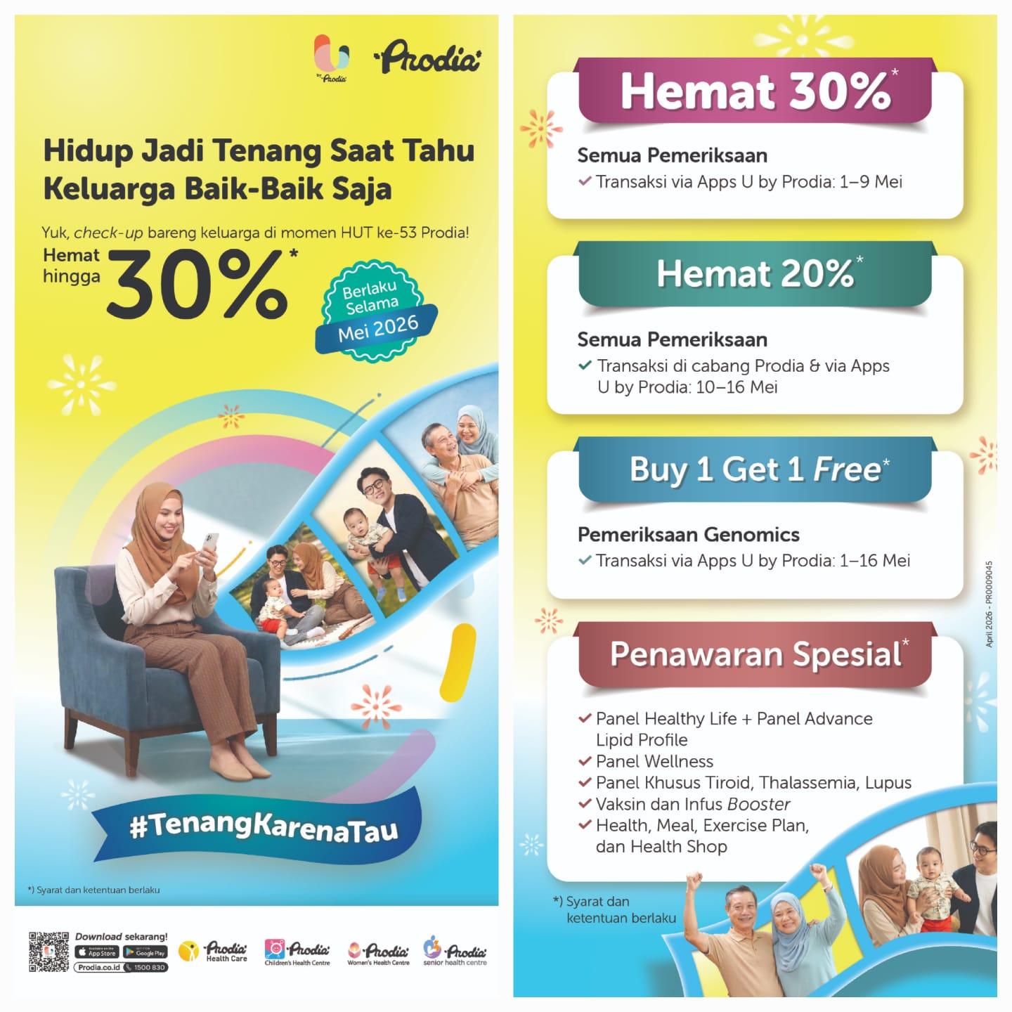Melalui campaign Be Healthy First, Prodia mengajak masyarakat untuk mulai menjadikan kesehatan sebagai prioritas utama, dimulai dari diri sendiri dan keluarga. Dalam rangka ulang tahunnya yang ke-53, Prodia menghadirkan berbagai program pemeriksaan yang dapat membantu setiap anggota keluarga memahami kondisi kesehatannya dengan lebih baik karena menjaga kesehatan bukan hanya tentang hari ini, tetapi juga investasi untuk masa depan bersama.