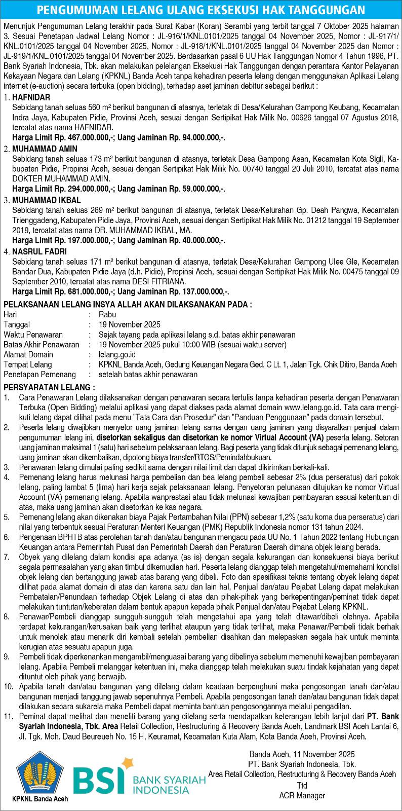 BSI Umumkan Lelang Ulang Eksekusi Hak Tanggungan di Pidie dan Pidie Jaya