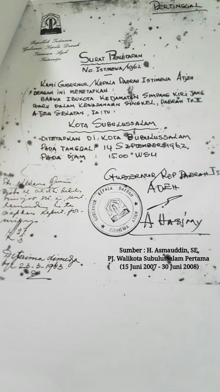 Kontroversi Hari Jadi Subulussalam, Ini Bukti Dokumentasi Surat Mantan Gubernur Prof Ali Hasyimi