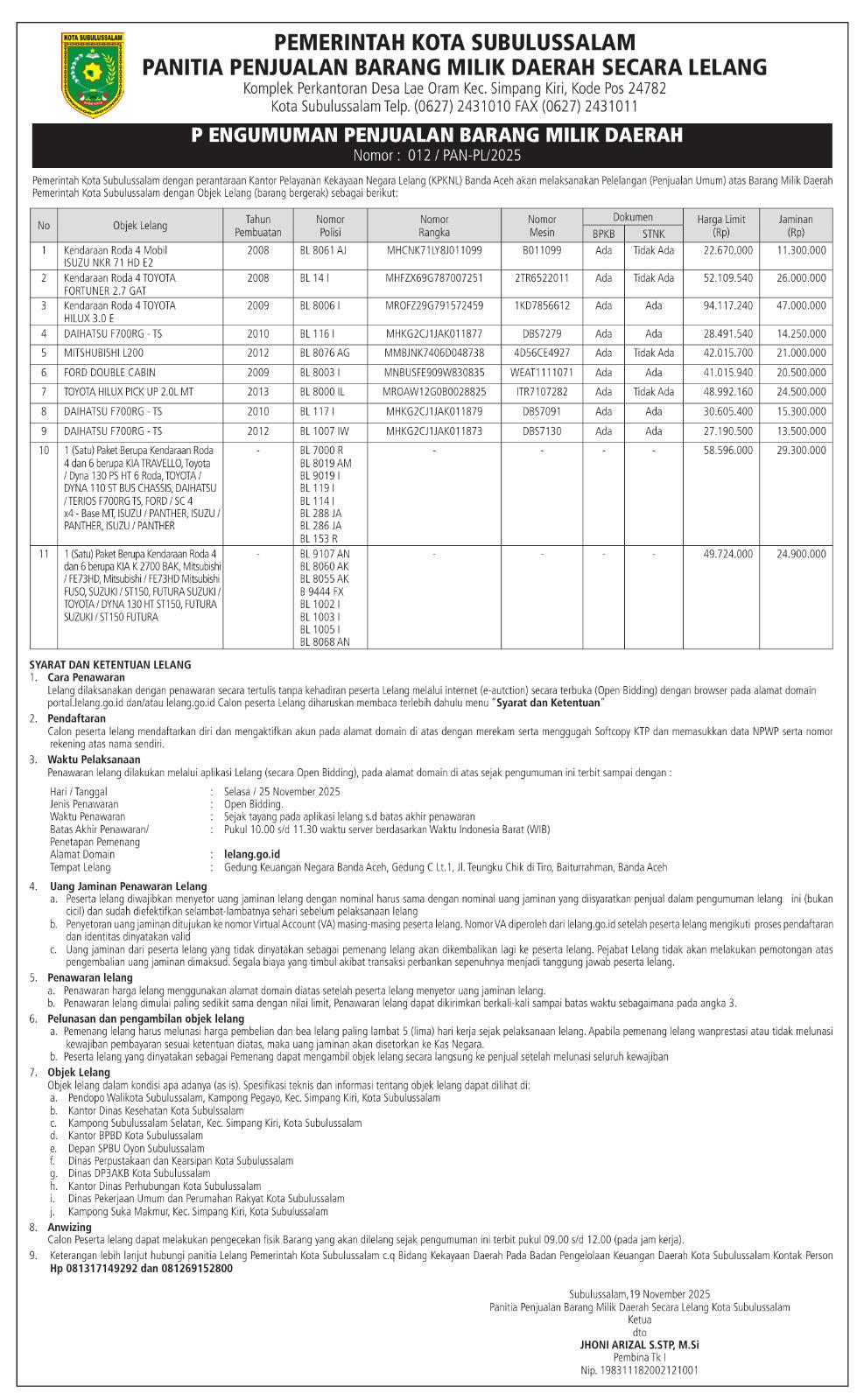 Pemko Subulussalam Lelang Kendaraan Dinas dan Paket Kendaraan Secara Online