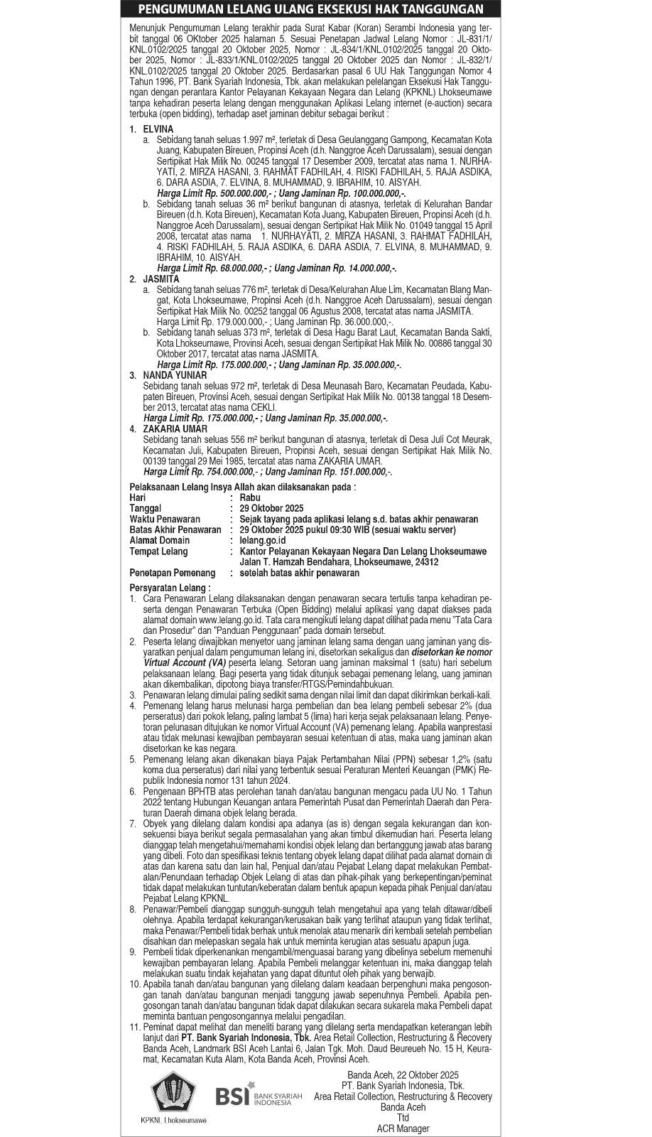 BSI Lakukan Pengumuman Ulang untuk Lelang Aset Nasabah