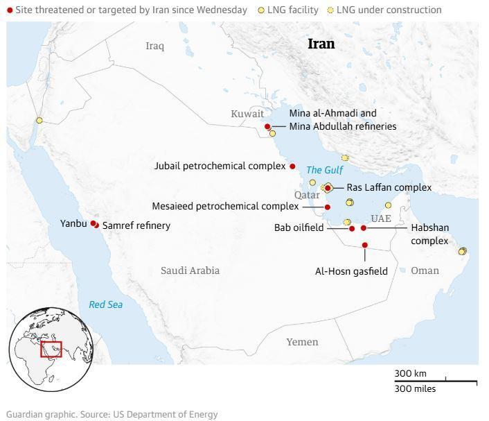 FASILITAS MINYAK TIMTENG - Tangkap layar The Guardian menampilkan lokasi fasilitas LNG di Timur Tengah, beberapa di antaranya menjadi target serangan. Serangan Israel dan Iran terhadap fasilitas energi memicu eskalasi konflik menjadi perang ekonomi yang berdampak global. (Tangkap layar Guardian)