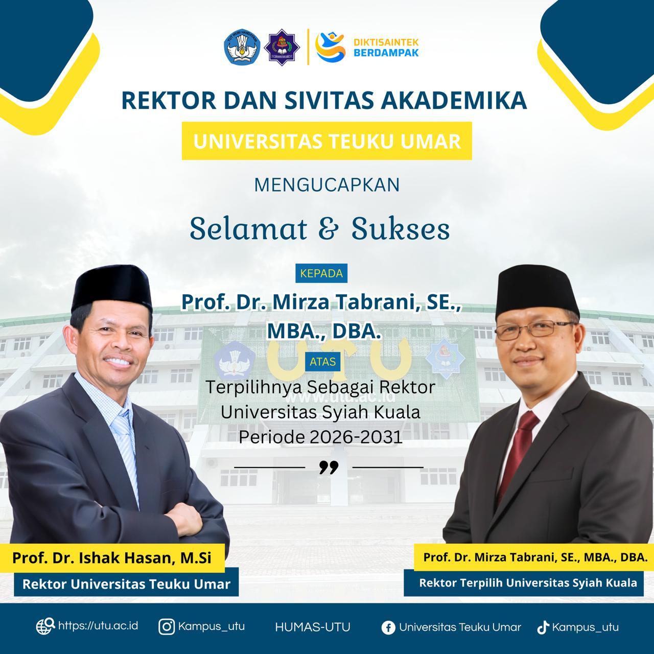 Ucapan selamat dari Rektor dan Sivitas Akademika Universitas Teuku Umar