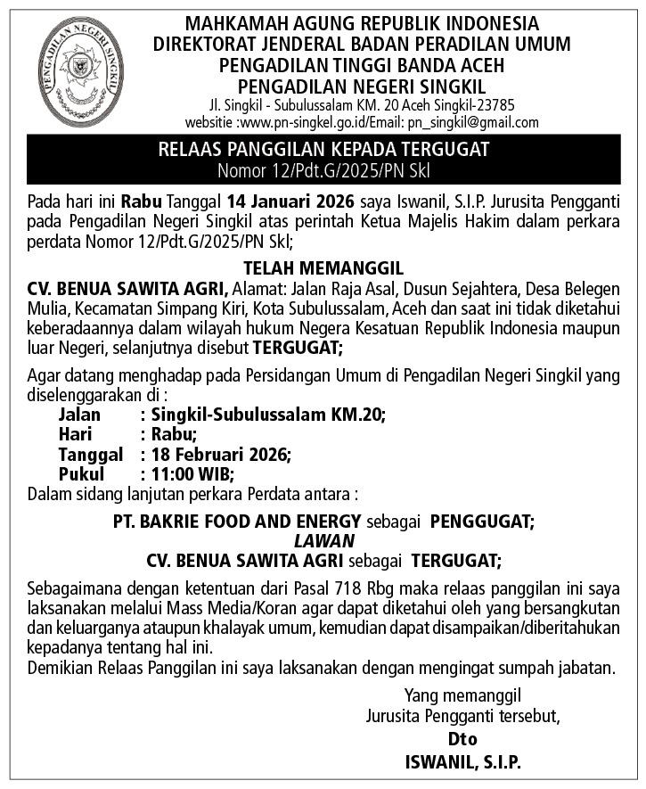 PN Singkil Umumkan Panggilan Tergugat CV Benua Sawita Agri
