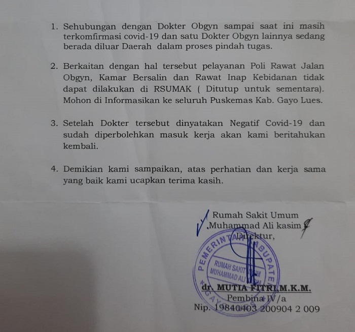Seorang Dokter Positif Covid-19, 3 Ruangan di RSUD Muhammad Ali Kasim Gayo Lues Tutup Sementara