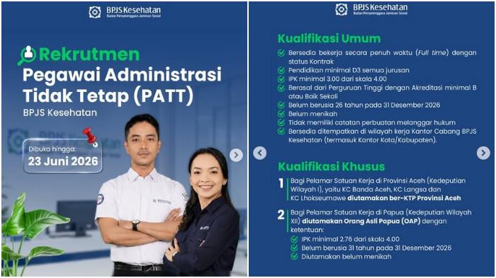 Tangkapan layar akun Instagram BPJS Kesehatan pada Kamis (11/6/2026). BPJS Kesehatan buka lowongan kerja, posisi yang dibutuhkan Pegawai Administrasi Tidak Tetap (PATT). Pendaftaran dilakukan secara online, buka mulai 10 Juni sampai 23 Juni 2026. 