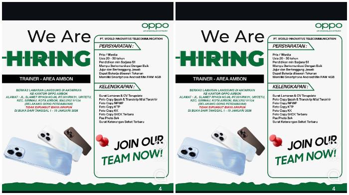 OPPO Ambon buka lowongan kerja, posisi yang dibutuhkan yaitu Trainer. Pendaftaran buka dari tanggal 1 sampai 10 Januari 2026. 