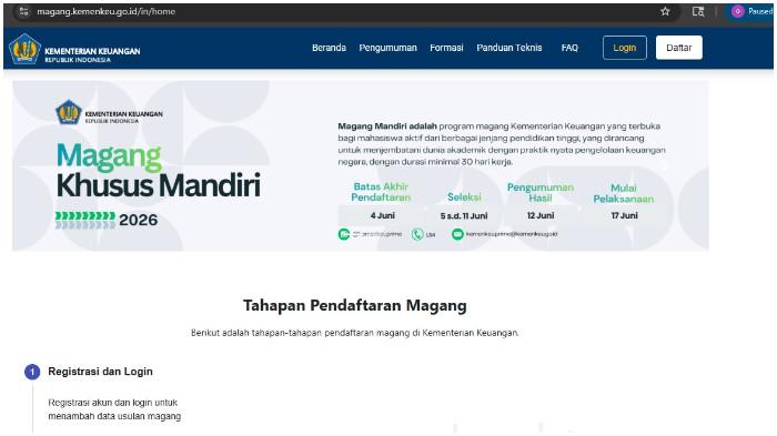 Tangkapan layar laman Magang Kemenku pada 26 Mei 2026. Program magang Kementerian Keuangan yang terbuka bagi mahasiswa aktif dari berbagai jenjang pendidikan tinggi,