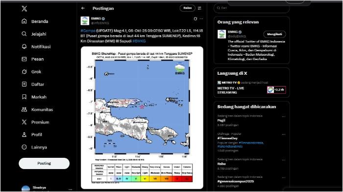 Tangkapan Layar X laman BMKG pada Rabu (8/10/2025). Gempa dengan magnitudo 4,1 SR guncang Sumenep Madura pada hari ini Rabu (8/10/2025) pukul 09:07:50 WIB.
