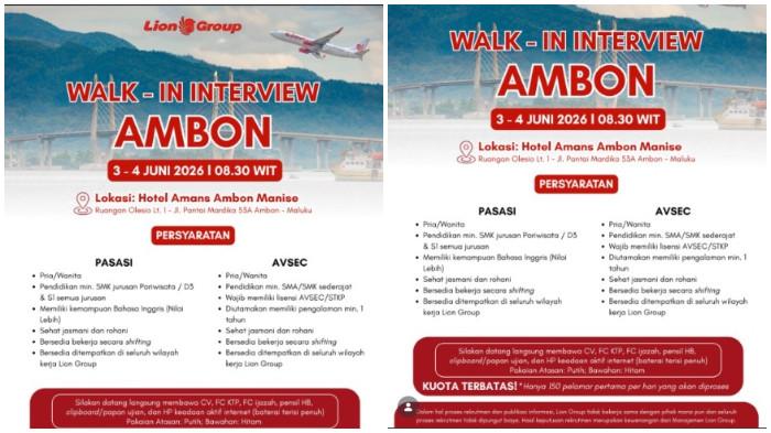Tangkapan layar Instagram @ambonloker pada Senin (25/5/2026). Lion Air Group kembali membuka kesempatan untuk mengikuti Walk in Interview bagi lulusan SMA/SMK Sederajat.Walk In Interview Ambon akan dilaksanakan pada 3 - 4 Juni 2026 pukul 08.30 WIT.