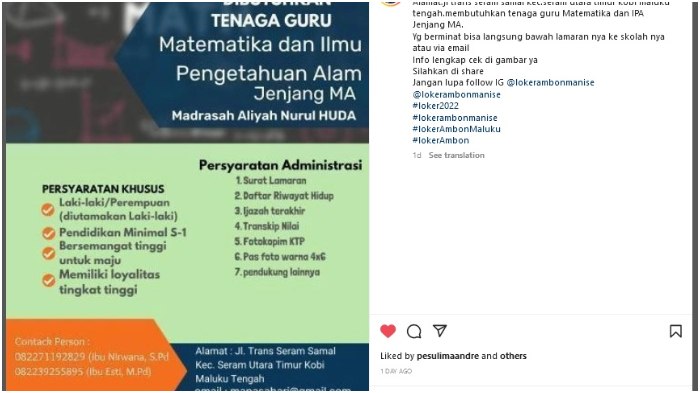 Madrasah Aliyah Nurul Huda Maluku Tengah Buka Lowongan Kerja, Posisi: Guru Matematika dan IPA