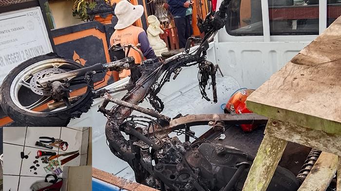 KENDARAAN - Kendaraan pelaku yang diduga mencuri ayam aduan di Baturiti, Tabanan pasca dibakar warga, Sabtu 25 Juli 2026. Inzert: isi tas pelaku KD.