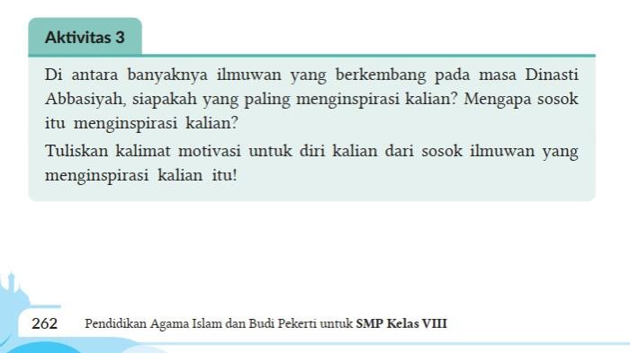 Jawaban Aktivitas 3, Kunci Jawaban PAI Kelas 8 Halaman 262 Kurikulum Merdeka