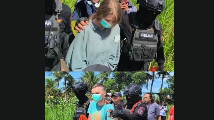 WNA Rusia Tersangka Narkotika N dan TS saat dibawa ke TKP sebuah Vila, Desa Saba, Blahbatuh, Gianyar, Bali, pada Sabtu 7 Maret 2026.  Lab Narkoba Rahasia di Gianyar Bali Terbongkar, Tersangka Eks Intelijen Rusia, Diringkus BNN RI
