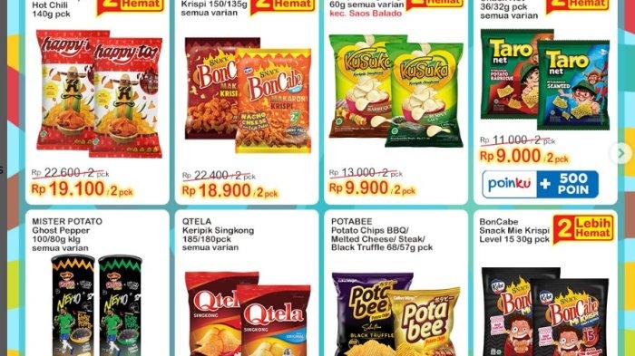 Promo Indomaret 1-2 Mei 2023 Camilan Bertabur DISKON, Happytos Rp19.100/2pcs Mister Potato Rp16.900
