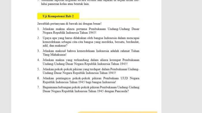 Kunci Jawaban PKN Kelas 9 SMP Semester 2 Uji Kompetensi Bab 2 Halaman 51: Pembukaan UUD 1945