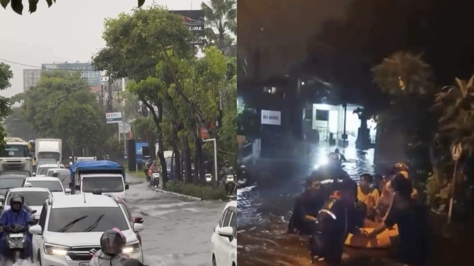 Banjir mengenangi Jalan Gn. Tangkuban Perahu Perumahan Buana Permai, Padangsambian, Denpasar Barat dan Jalan Sunsetroad Kuta Bali, Minggu 14 Desember 2025. Waspada! Hujan Deras Guyur Denpasar Hingga Badung Bali Hari Ini, Banjir Datangi Jalan Dewi Sri Kuta