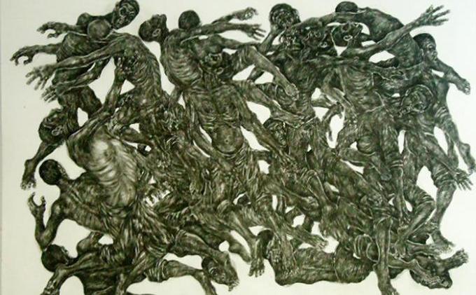 Goresan Garis Ari Didasari Rajahan - 1_Ari_Winata,_Pekerja_malam,_tinta_china_di_kertas,_150x225cm,_2009.JPG