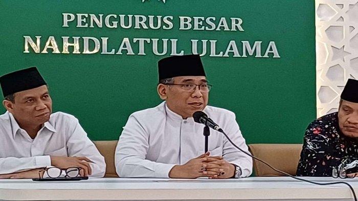 Ketua Umum PBNU Yahya Cholil Staquf atau Gus Yahya saat konferensi pers si kantor PBNU, Kramat Raya, Jakarta Pusat, Jumat (15/9/2023).