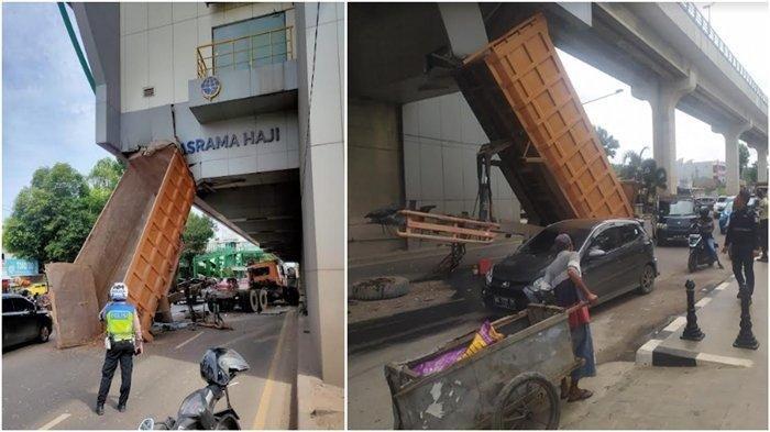 Sopir Tak Sadar Bak Dump Truk Teraangkat, Nyangkut di Stasiun LRT Asrama Haji