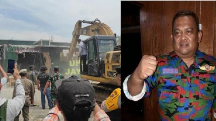 SAMSUL TARIGAN -- (kiri) Momen alat berat merobohkan gedung Dewan Pimpinan Daerah (DPD) Gerakan Rakyat Indonesia Bersatu (GRIB) Sumatera Utara, Kamis (14/8/2025). Gubernur Sumut Bobby Nasution mengatakan, gedung maupun diskotek tak punya izin / (kanan) Samsul Tarigan